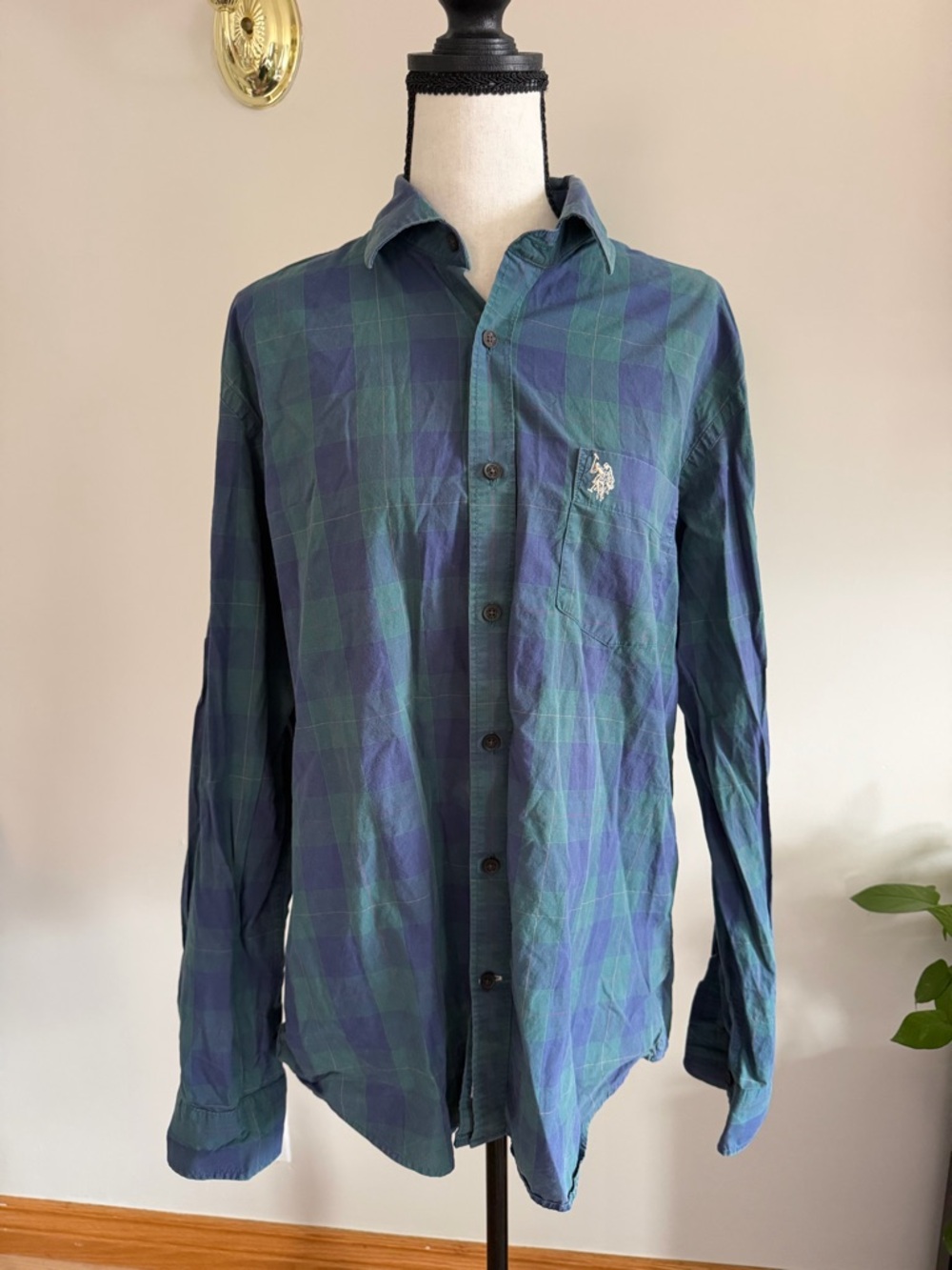 Long Sleeve Plaid Button-Up Shirt - Green/Blue